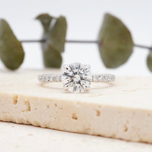 Load image into Gallery viewer, Round Diamond Engagement ring with Halo and Pave Gold or Platinum band and petals Manila Philippines