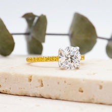 Load image into Gallery viewer, Round Diamond Engagement ring with Yellow Accents Pave Gold or Platinum band and petals Manila Philippines