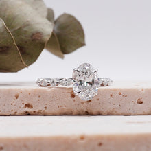 Load image into Gallery viewer, Oval Diamond Engagement Ring with Marquise and Round Accent Band with Petal Prong in Gold or Platinum, Manila Philippines