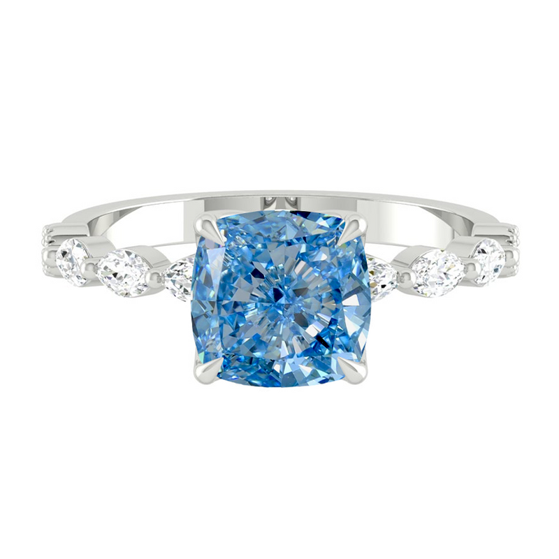 Blue Cushion Diamond Engagement Ring with Marquise and Round Accent Band with Petal Prong in Gold or Platinum, Manila Philippines