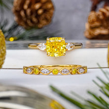 Load image into Gallery viewer, cushion 3 stone yellow diamond