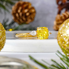Load image into Gallery viewer, cushion 3 stone yellow diamond