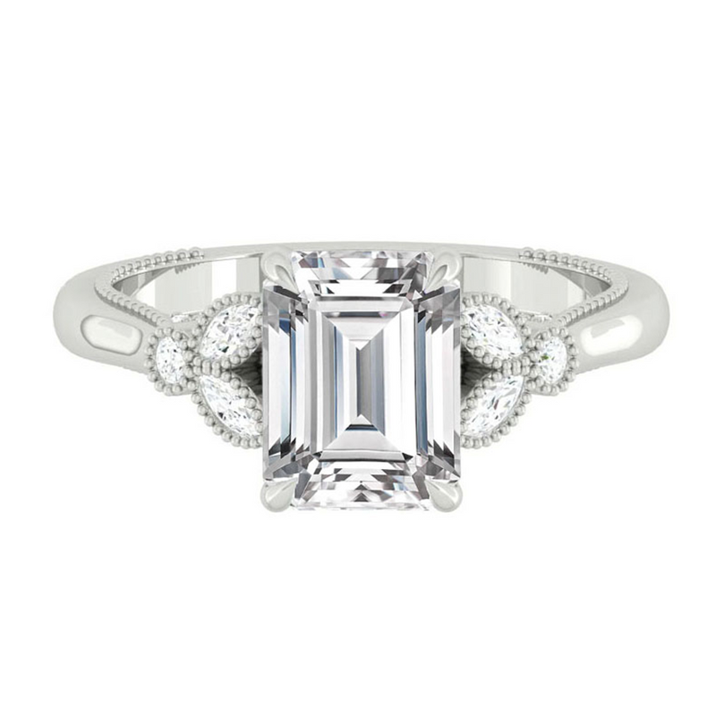 Emerald Diamond Engagement Rig with Marquise and Round cut and milgrain accent Band in Gold or Platinum, Manila, Philippines