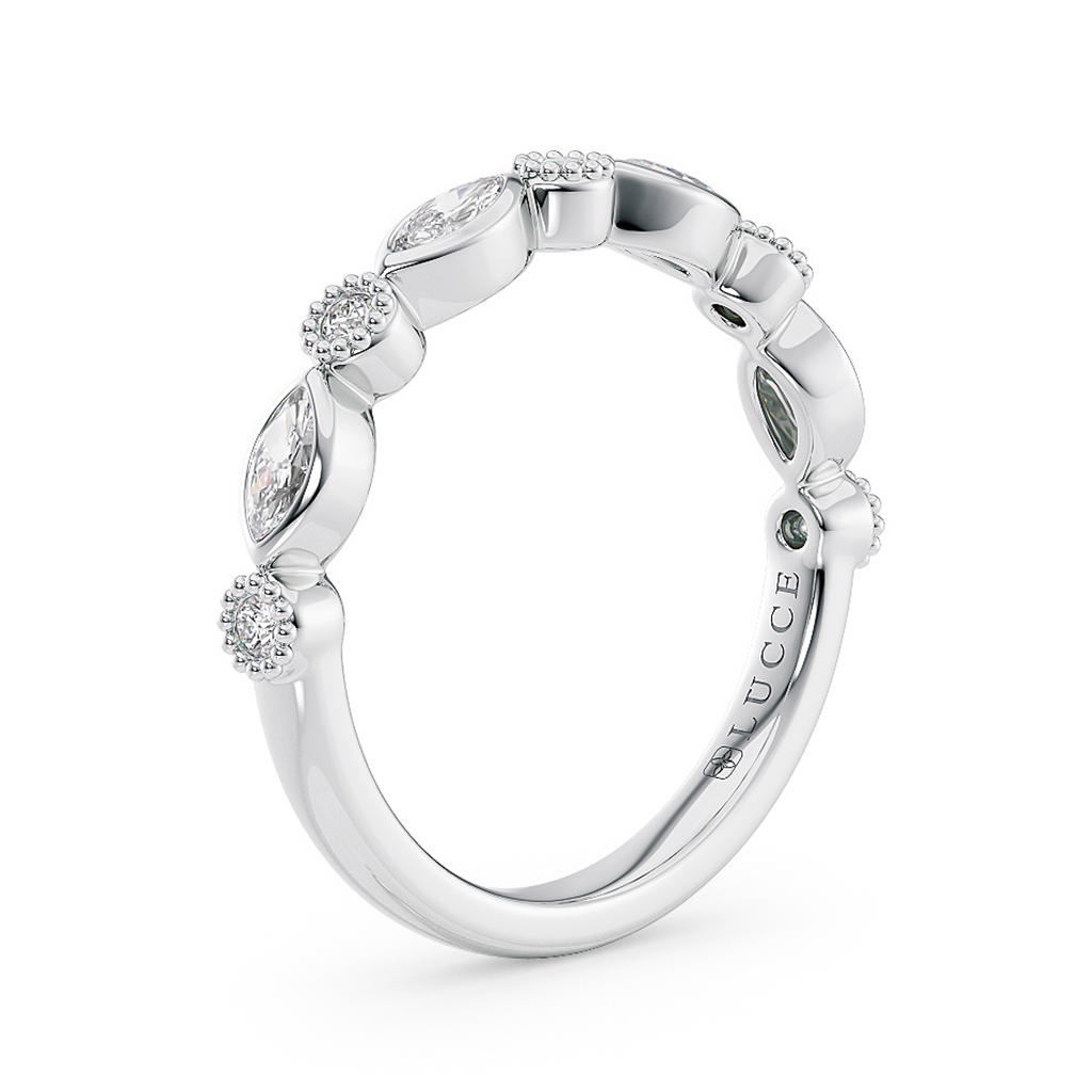 Load image into Gallery viewer, LUCCE Round and Marquise Diamond Wedding Ring with Bezel and Milgrain Setting in Gold or Platinum
