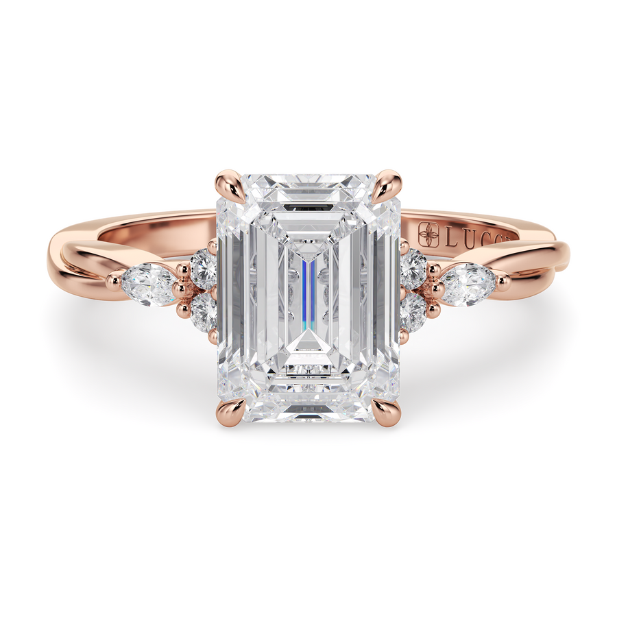 Load image into Gallery viewer, LUCCE Twisting Cluster Emerald Diamond in  Low Basket Setting Engagement Ring in Gold or Platinum

