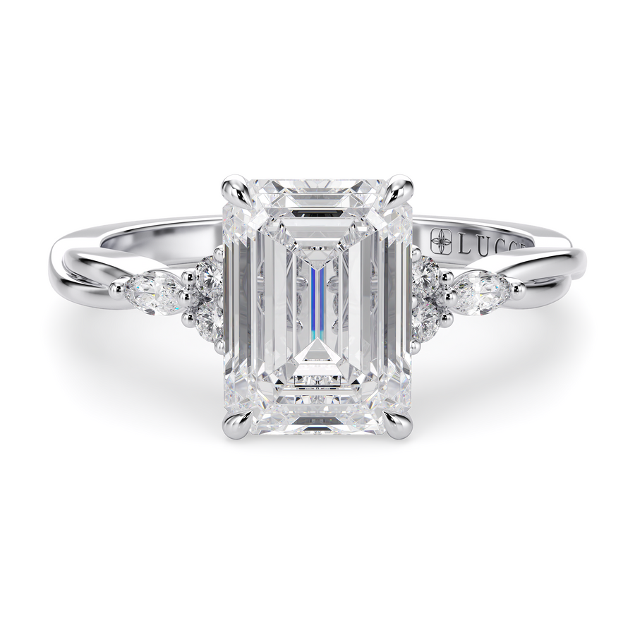 Load image into Gallery viewer, LUCCE Twisting Cluster Emerald Diamond in  Low Basket Setting Engagement Ring in Gold or Platinum

