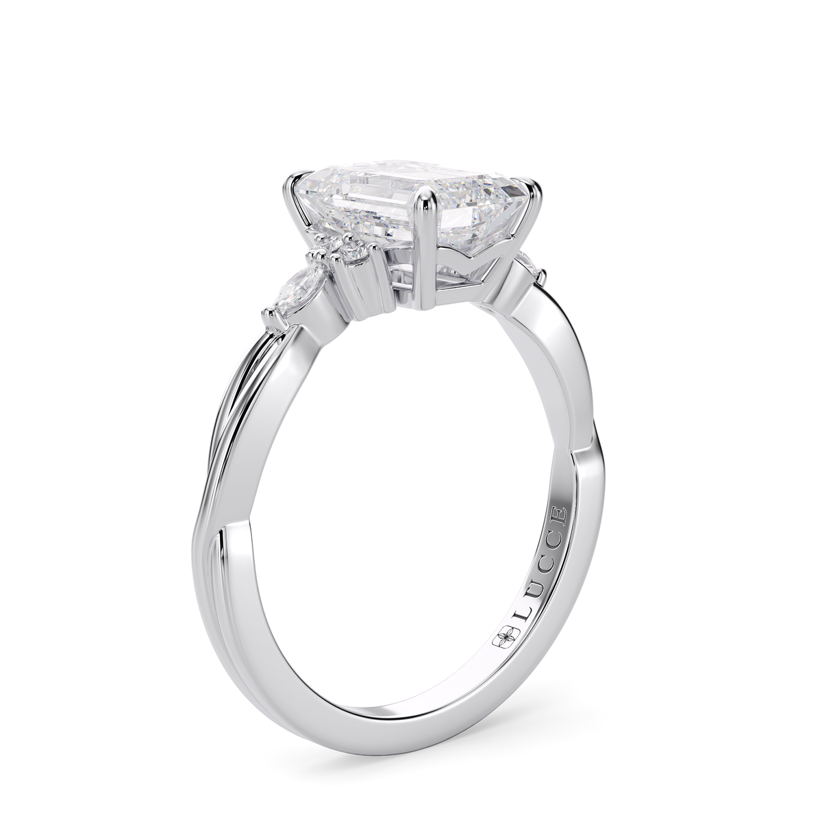Load image into Gallery viewer, LUCCE Twisting Cluster Emerald and Radiant Diamond in  Low Basket Setting Engagement Ring in Gold or Platinum
