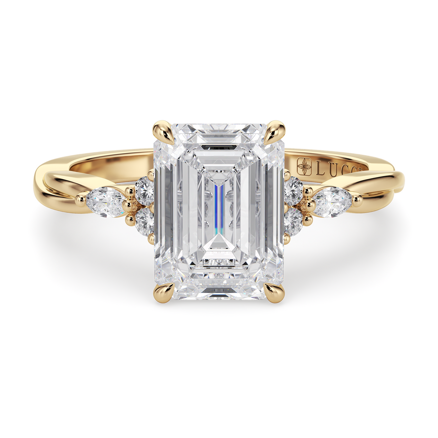 Load image into Gallery viewer, LUCCE Twisting Cluster Emerald Diamond in  Low Basket Setting Engagement Ring in Gold or Platinum
