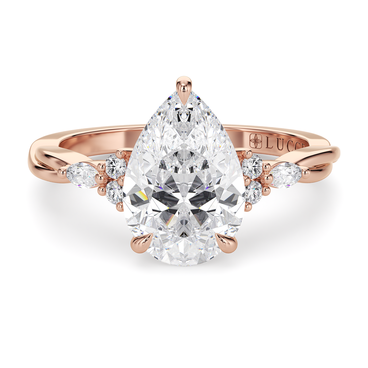 Load image into Gallery viewer, LUCCE Twisting Cluster Pear Diamond in  Low Basket Setting Engagement Ring in Gold or Platinum
