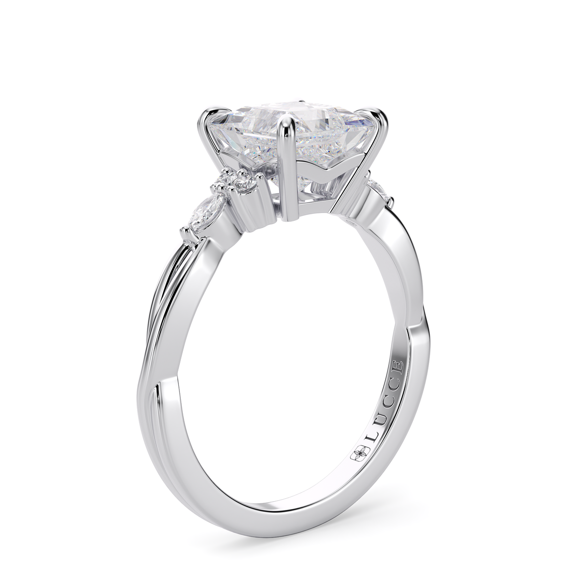 Load image into Gallery viewer, LUCCE Twisting Cluster Princess and Cushion Diamond in Low Basket Setting Engagement Ring in Gold or Platinum
