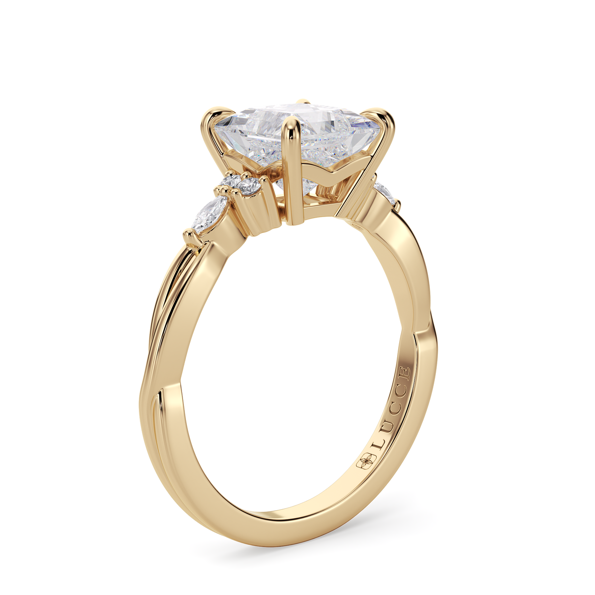 Load image into Gallery viewer, LUCCE Twisting Cluster Princess and  Cushion Diamond in Low Basket Setting Engagement Ring in Gold or Platinum
