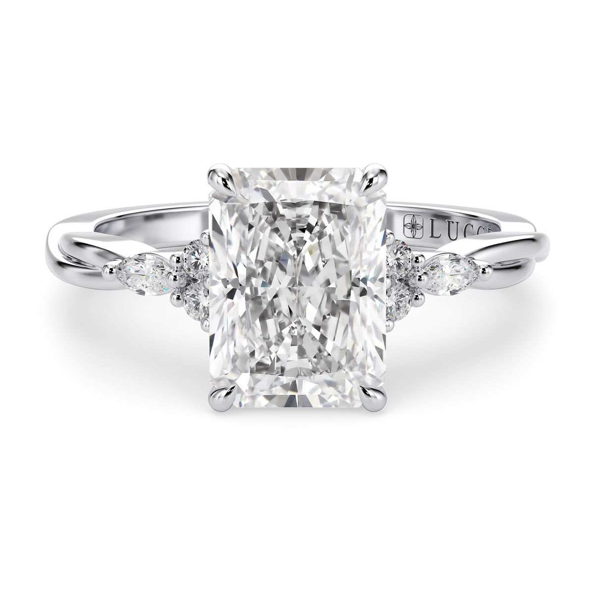 Load image into Gallery viewer, LUCCE Twisting Cluster Radiant Diamond in Low Basket Setting Engagement Ring in Gold or Platinum
