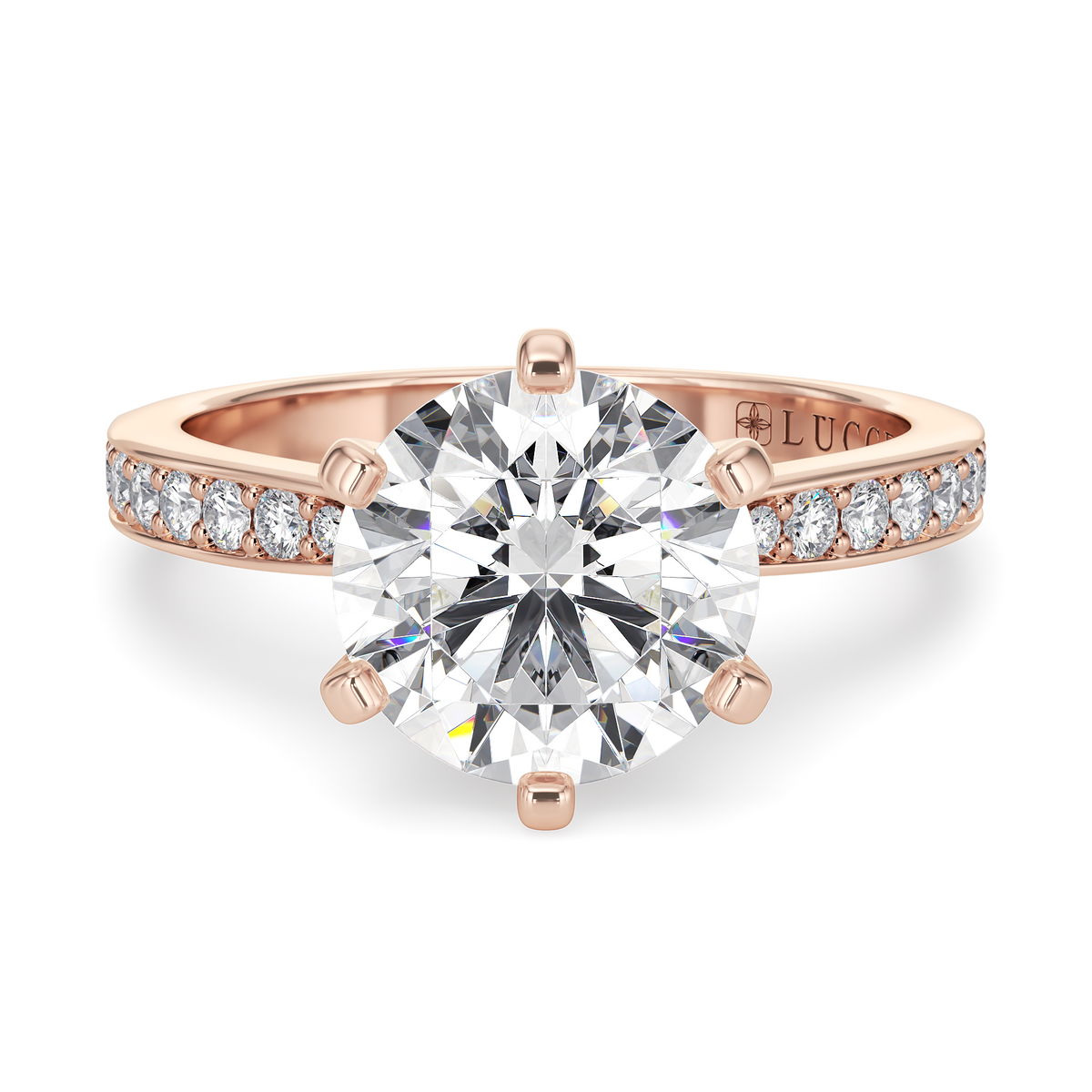 Load image into Gallery viewer, LUCCE Pave Round Diamond with Classic Crown Tab Prongs Engagement Ring in Gold or Platinum
