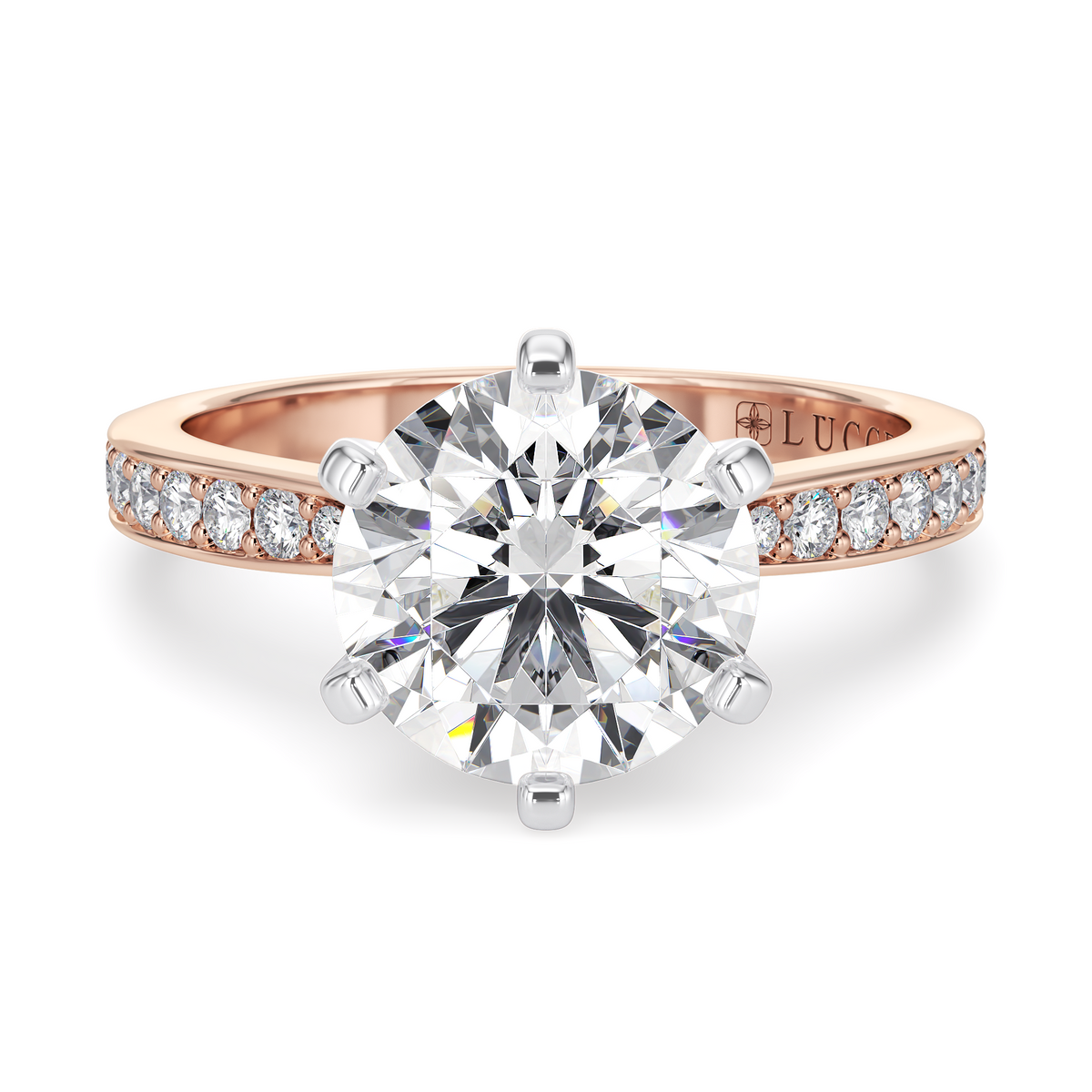 Load image into Gallery viewer, LUCCE Pave Round Diamond with Classic Crown Tab Prongs Engagement Ring in Gold or Platinum
