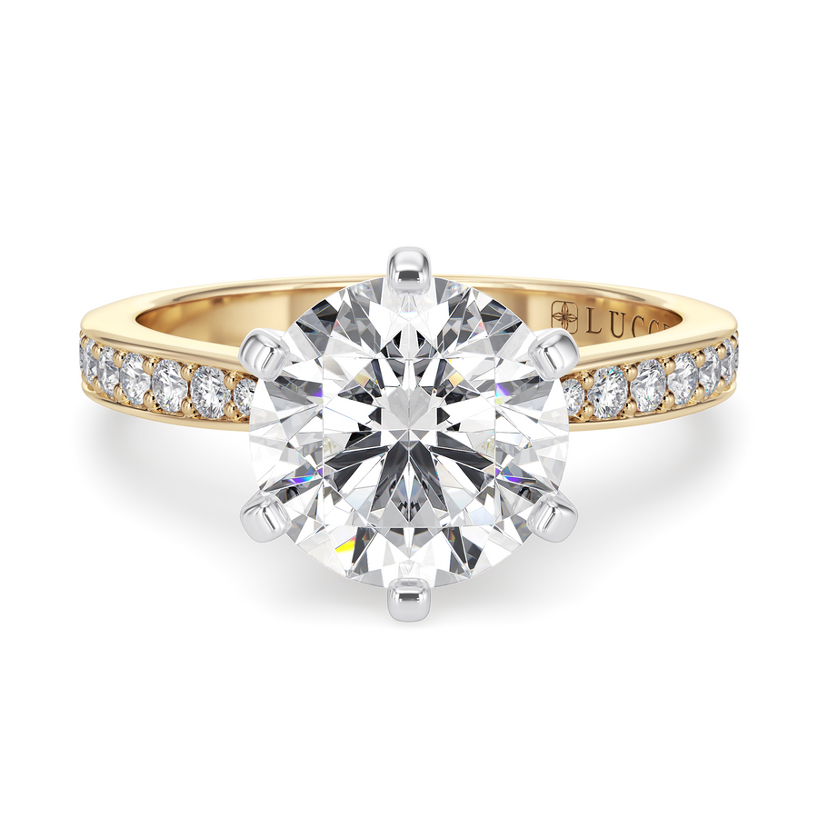 Load image into Gallery viewer, LUCCE Pave Round Diamond with Classic Crown Tab Prongs Engagement Ring in Gold or Platinum
