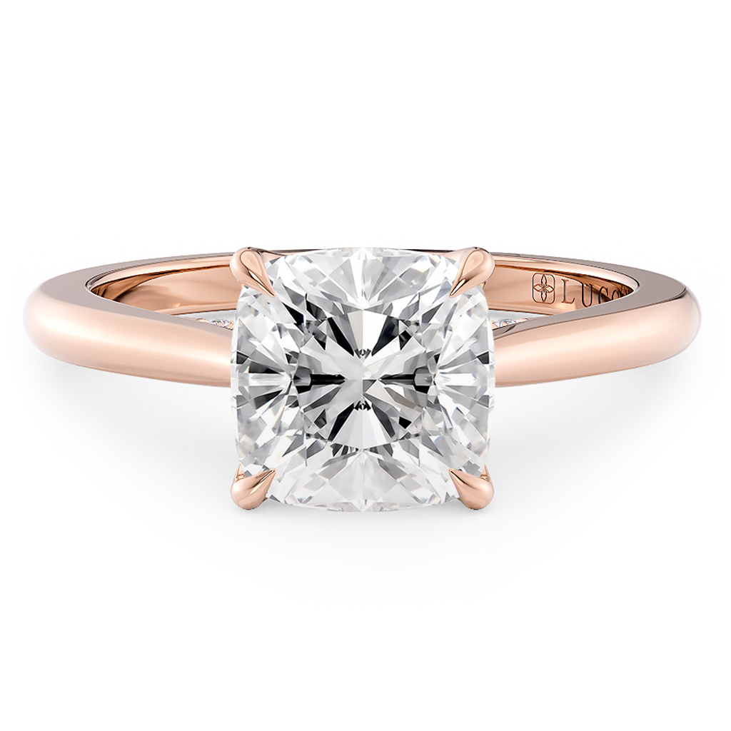 Load image into Gallery viewer, LUCCE Cathedral Cushion Diamond Solitaire Engagement Ring with Petal Prongs and Hidden Accent Stones in Gold or Platinum
