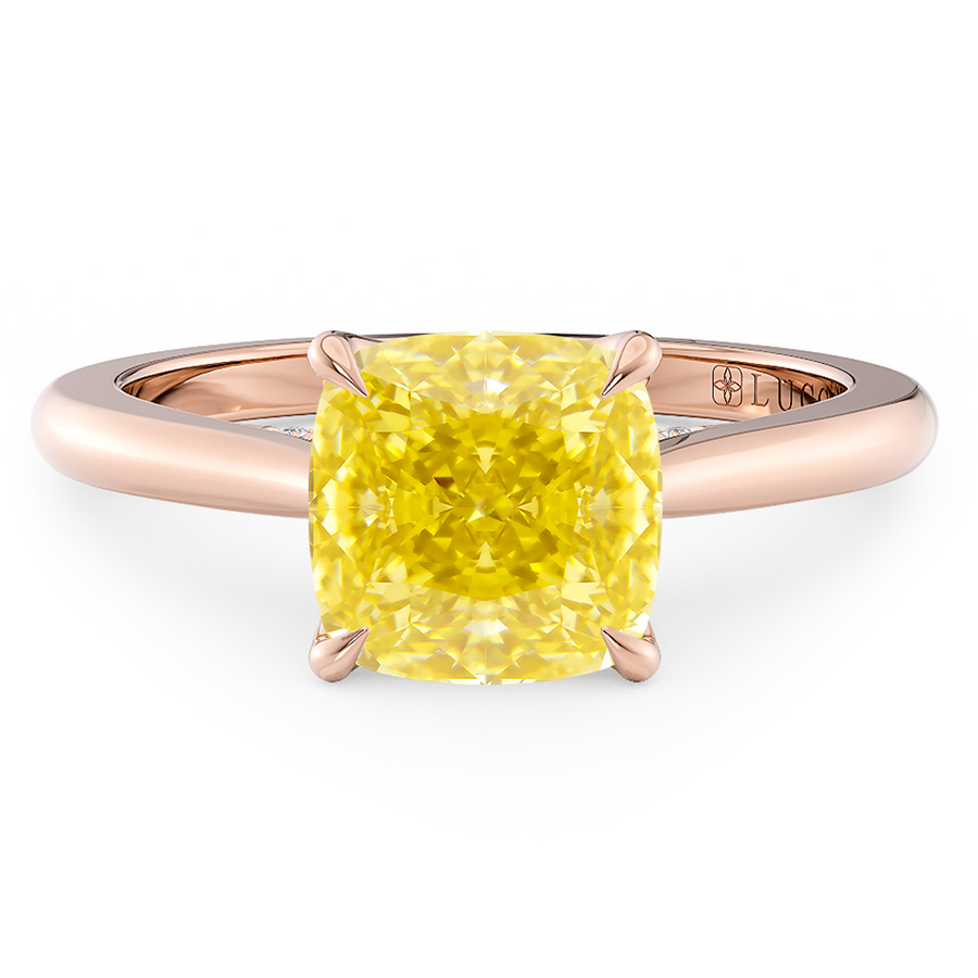 Load image into Gallery viewer, LUCCE Cathedral Cushion Yellow Diamond Solitaire Engagement Ring with Petal Prongs and Hidden Accent Stones in Gold or Platinum
