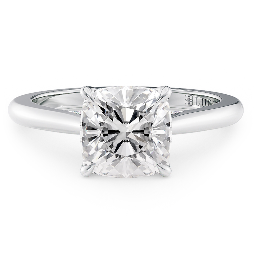 Load image into Gallery viewer, LUCCE Cathedral Cushion Diamond Solitaire Engagement Ring with Petal Prongs and Hidden Accent Stones in Gold or Platinum
