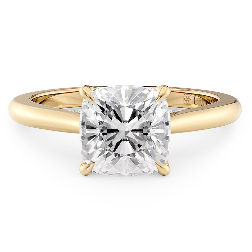 Load image into Gallery viewer, LUCCE Cathedral Cushion Diamond Solitaire Engagement Ring with Petal Prongs and Hidden Accent Stones in Gold or Platinum
