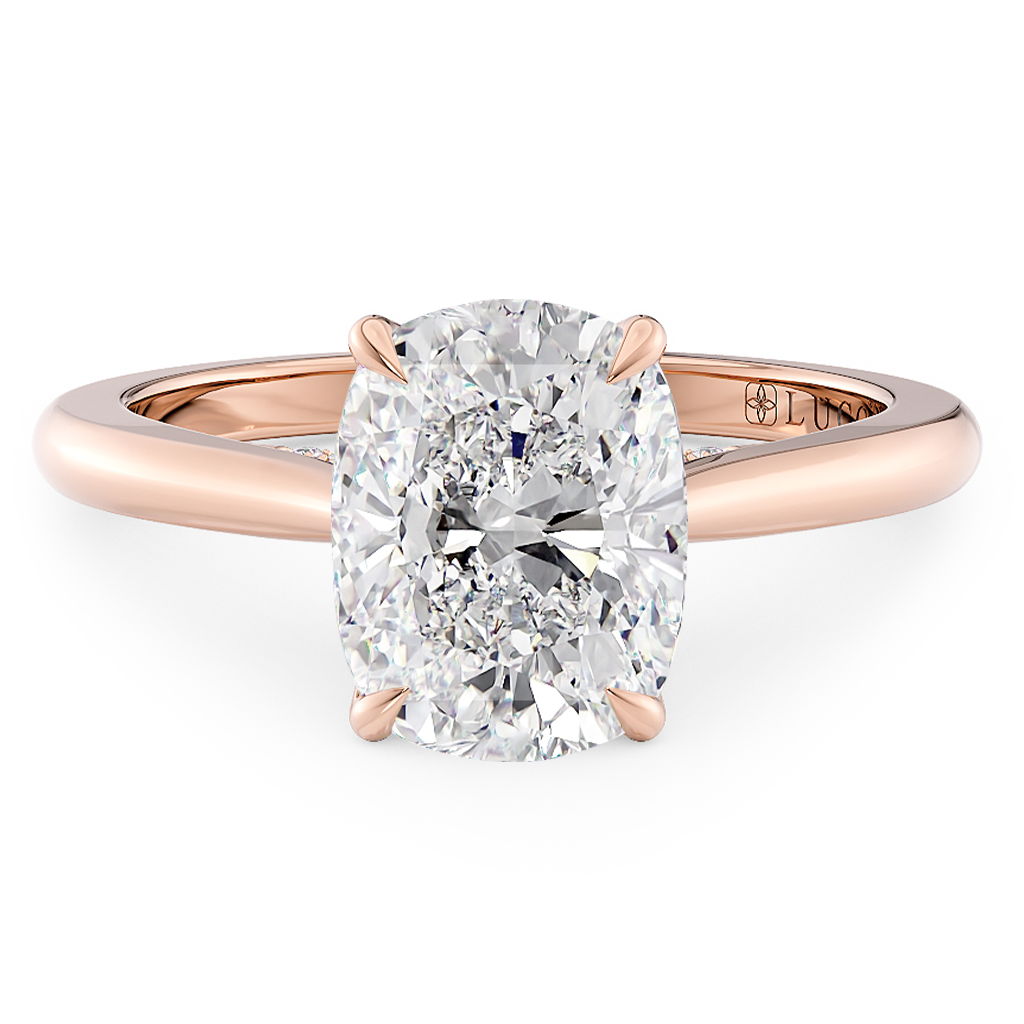 Load image into Gallery viewer, LUCCE Cathedral Cushion Diamond Solitaire Engagement Ring with Petal Prongs and Hidden Accent Stones in Gold or Platinum
