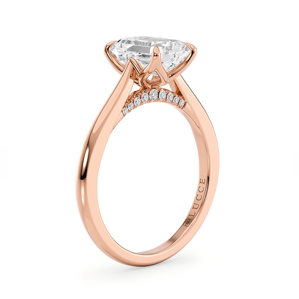 Load image into Gallery viewer, LUCCE Cathedral Emerald Diamond Solitaire Engagement Ring with Petal Prongs and Hidden Accent Stones in Gold or Platinum

