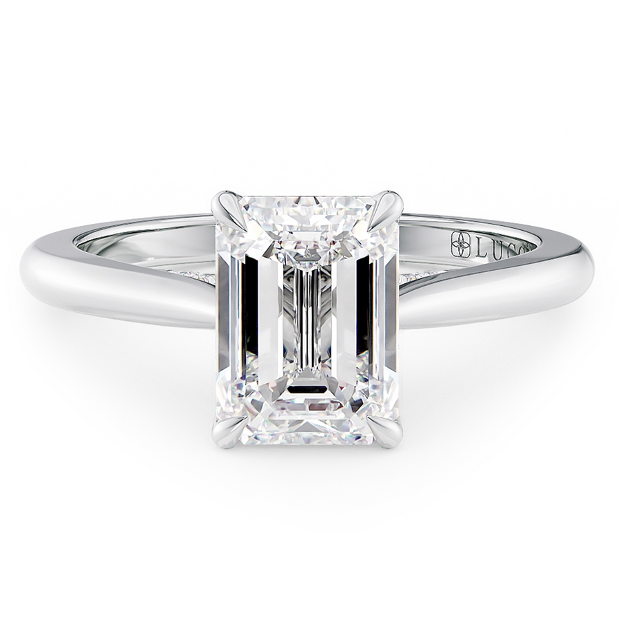 Load image into Gallery viewer, LUCCE Cathedral Emerald Diamond Solitaire Engagement Ring with Petal Prongs and Hidden Accent Stones in Gold or Platinum
