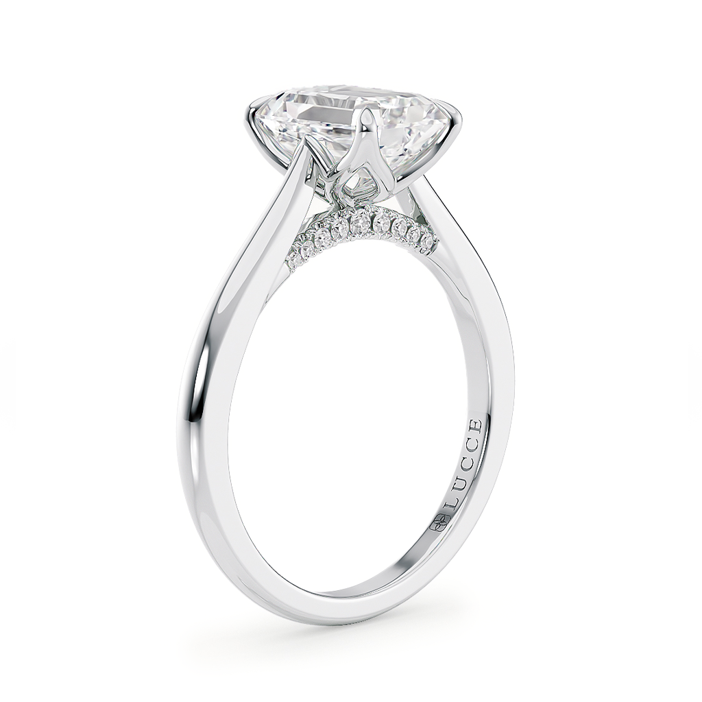 Load image into Gallery viewer, LUCCE Cathedral Emerald Diamond Solitaire Engagement Ring with Petal Prongs and Hidden Accent Stones in Gold or Platinum
