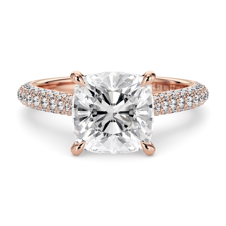 Load image into Gallery viewer, LUCCE Cathedral Cushion Diamond Tri-row Pavé Engagement Ring with Petal Prongs and Hidden Accent Stones in Gold or Platinum
