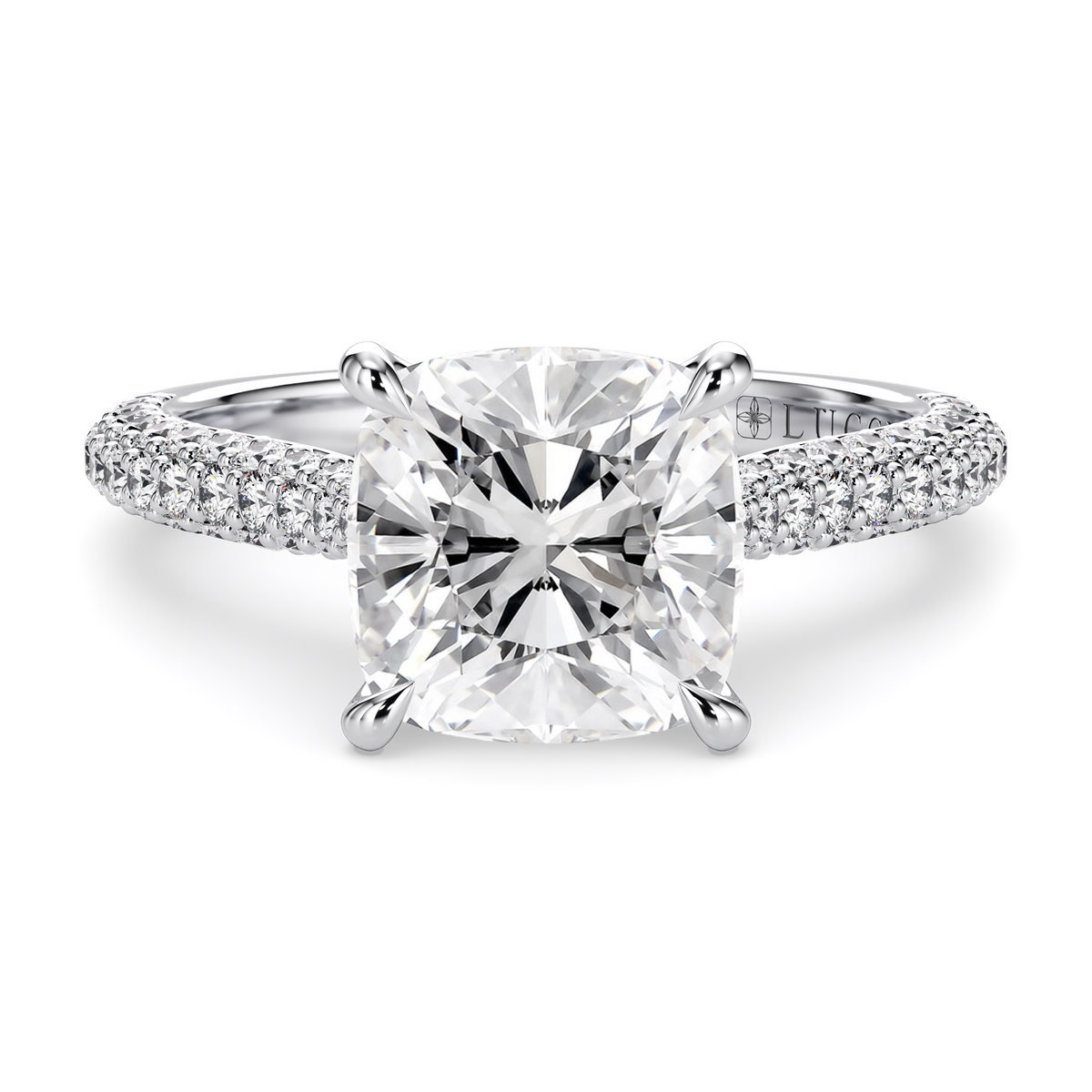 Load image into Gallery viewer, LUCCE Cathedral Cushion Diamond Tri-row Pavé Engagement Ring with Petal Prongs and Hidden Accent Stones in Gold or Platinum
