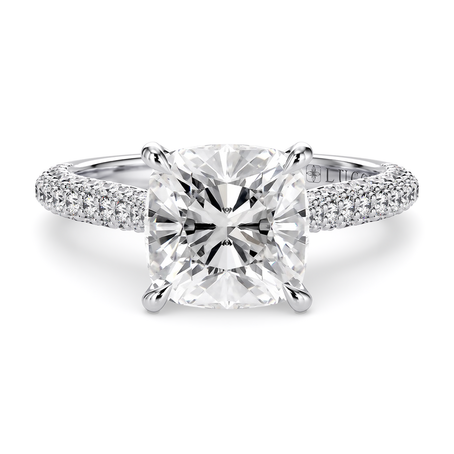 Load image into Gallery viewer, LUCCE Cathedral Cushion Diamond Tri-row Pavé Engagement Ring with Petal Prongs and Hidden Accent Stones in Gold or Platinum
