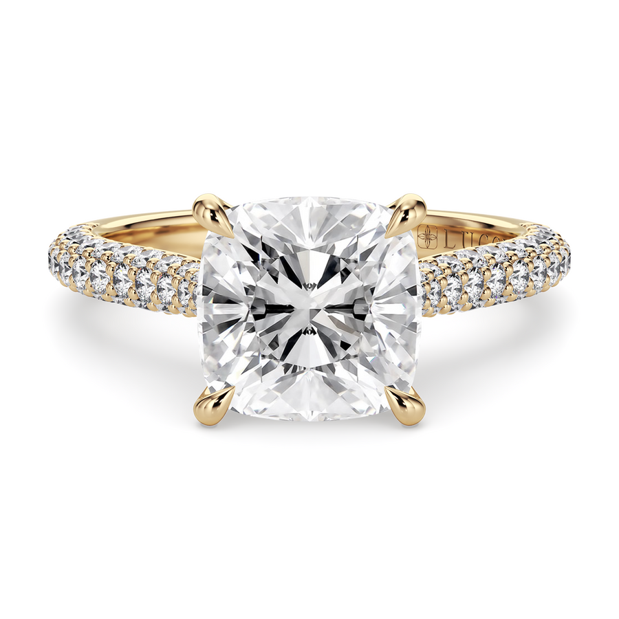 Load image into Gallery viewer, LUCCE Cathedral Cushion Diamond Tri-row Pavé Engagement Ring with Petal Prongs and Hidden Accent Stones in Gold or Platinum
