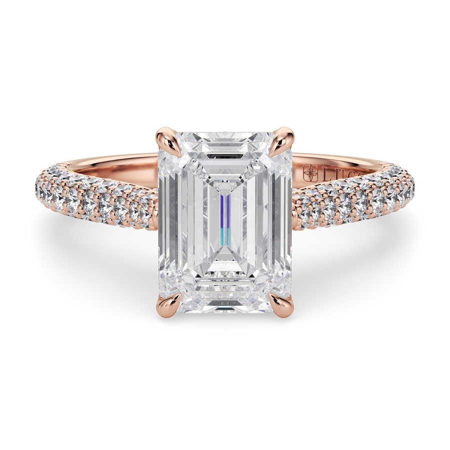 Load image into Gallery viewer, LUCCE Cathedral Emerald Diamond Tri-row Pavé Engagement Ring with Petal Prongs and Hidden Accent Stones in Gold or Platinum
