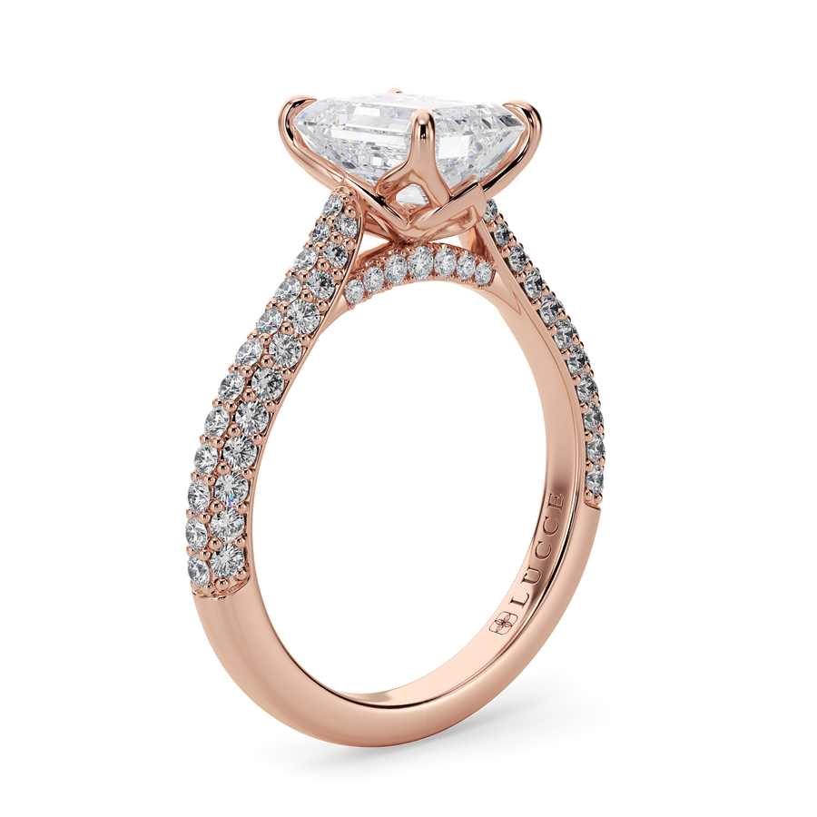 Load image into Gallery viewer, LUCCE Cathedral Emerald Diamond Tri-row Pavé Engagement Ring with Petal Prongs and Hidden Accent Stones in Gold or Platinum

