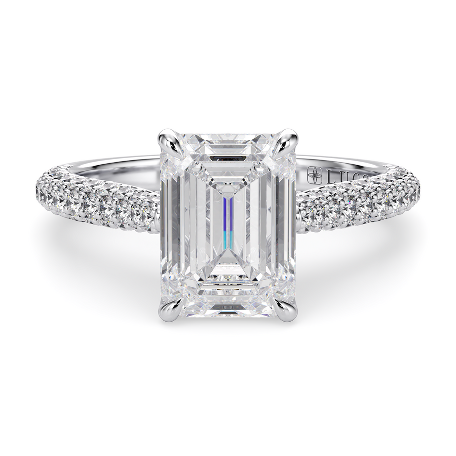 Load image into Gallery viewer, LUCCE Cathedral Emerald Diamond Tri-row Pavé Engagement Ring with Petal Prongs and Hidden Accent Stones in Gold or Platinum
