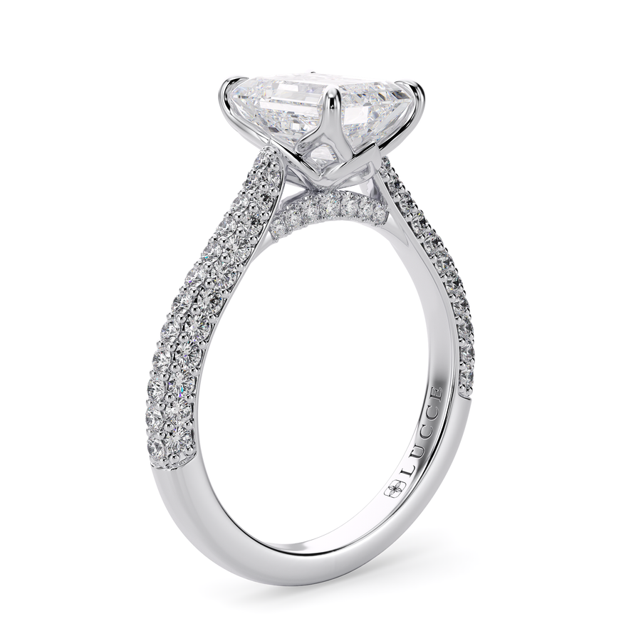 Load image into Gallery viewer, LUCCE Cathedral Emerald Diamond Tri-row Pavé Engagement Ring with Petal Prongs and Hidden Accent Stones in Gold or Platinum
