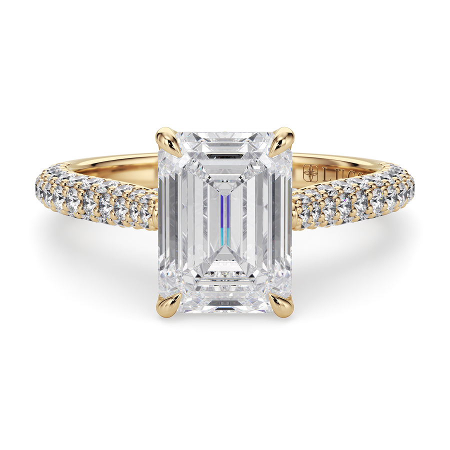 Load image into Gallery viewer, LUCCE Cathedral Emerald Diamond Tri-row Pavé Engagement Ring with Petal Prongs and Hidden Accent Stones in Gold or Platinum
