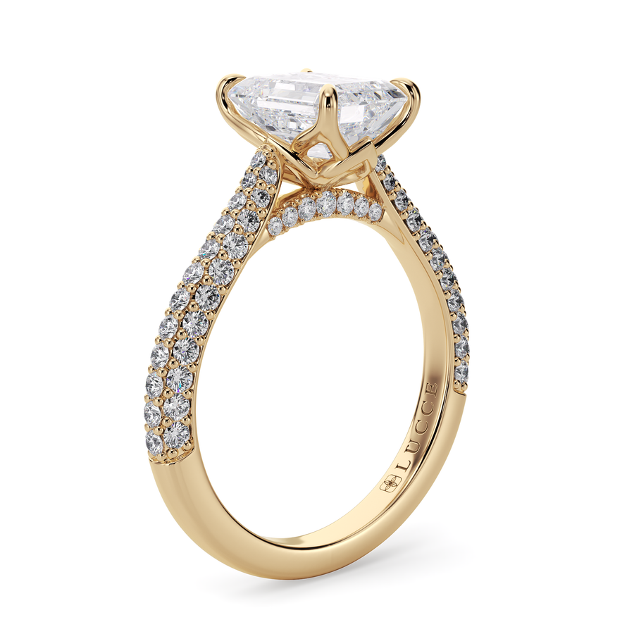 Load image into Gallery viewer, LUCCE Cathedral Emerald Diamond Tri-row Pavé Engagement Ring with Petal Prongs and Hidden Accent Stones in Gold or Platinum
