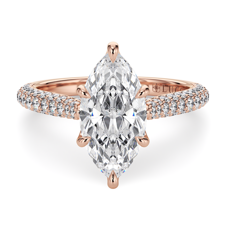 Load image into Gallery viewer, LUCCE Cathedral Marquise Diamond Tri-row Pavé Engagement Ring with Petal Prongs and Hidden Accent Stones in Gold or Platinum
