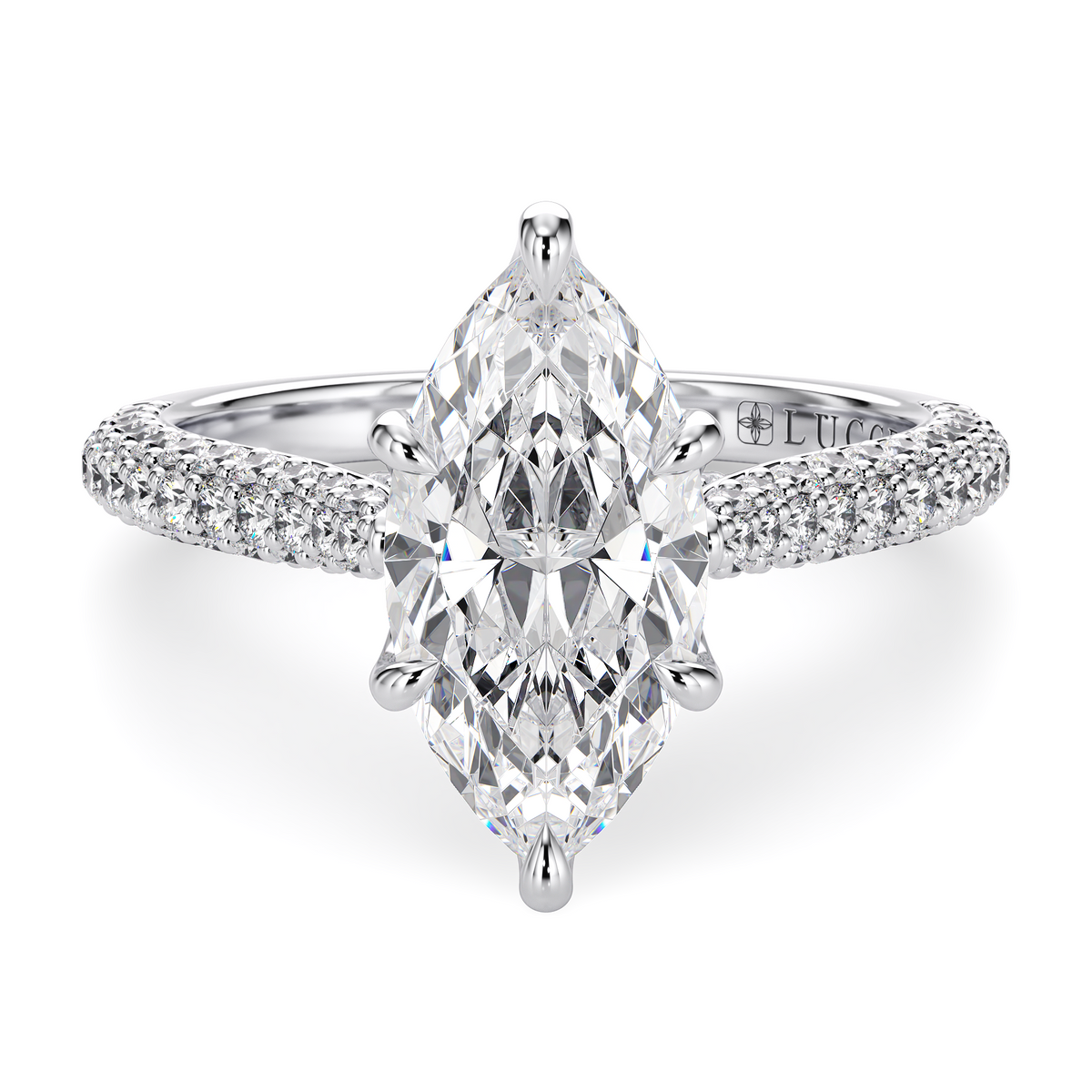Load image into Gallery viewer, LUCCE Cathedral Marquise Diamond Tri-row Pavé Engagement Ring with Petal Prongs and Hidden Accent Stones in Gold or Platinum
