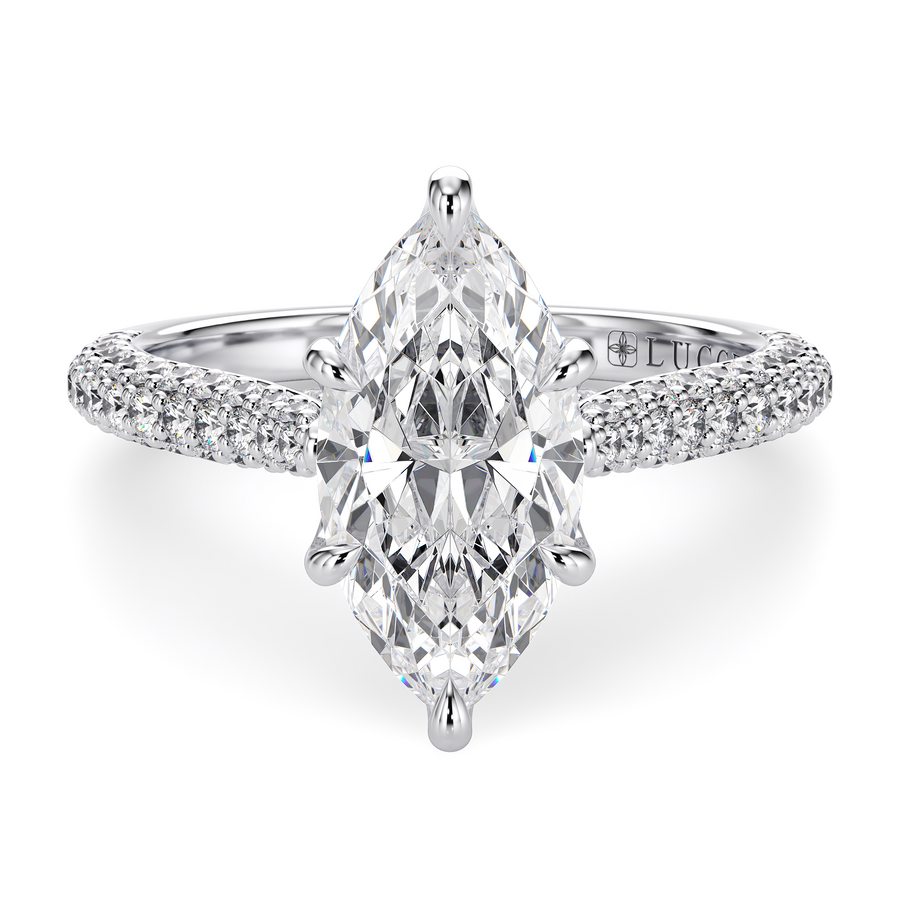 Load image into Gallery viewer, LUCCE Cathedral Marquise Diamond Tri-row Pavé Engagement Ring with Petal Prongs and Hidden Accent Stones in Gold or Platinum
