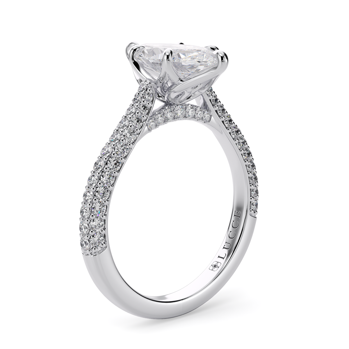 Load image into Gallery viewer, LUCCE Cathedral Marquise Diamond Tri-row Pavé Engagement Ring with Petal Prongs and Hidden Accent Stones in Gold or Platinum
