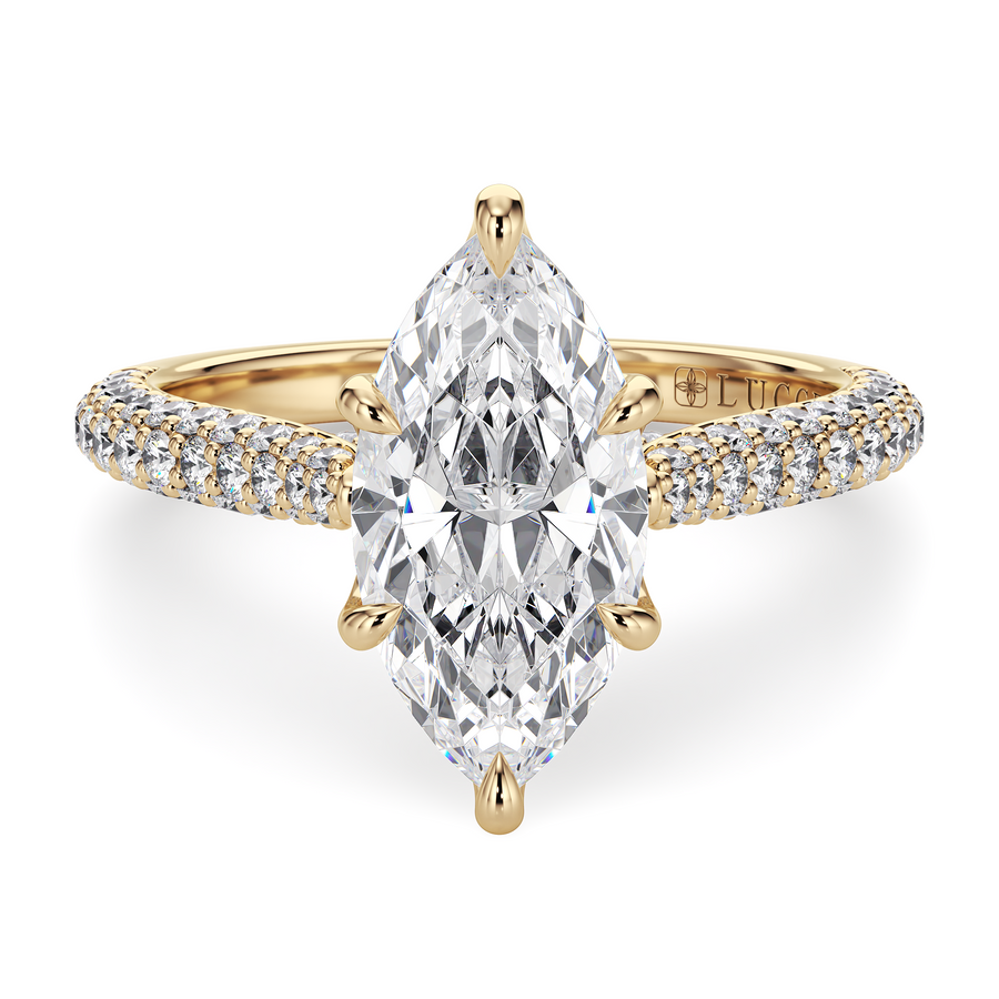 Load image into Gallery viewer, LUCCE Cathedral Marquise Diamond Tri-row Pavé Engagement Ring with Petal Prongs and Hidden Accent Stones in Gold or Platinum
