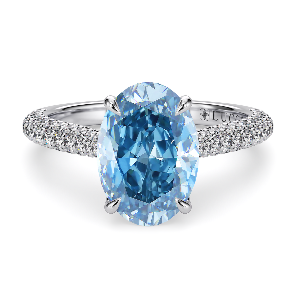 Load image into Gallery viewer, LUCCE Cathedral Oval Blue Diamond Pavé Engagement Ring with Petal Prongs and Hidden Accent Stones in Gold or Platinum
