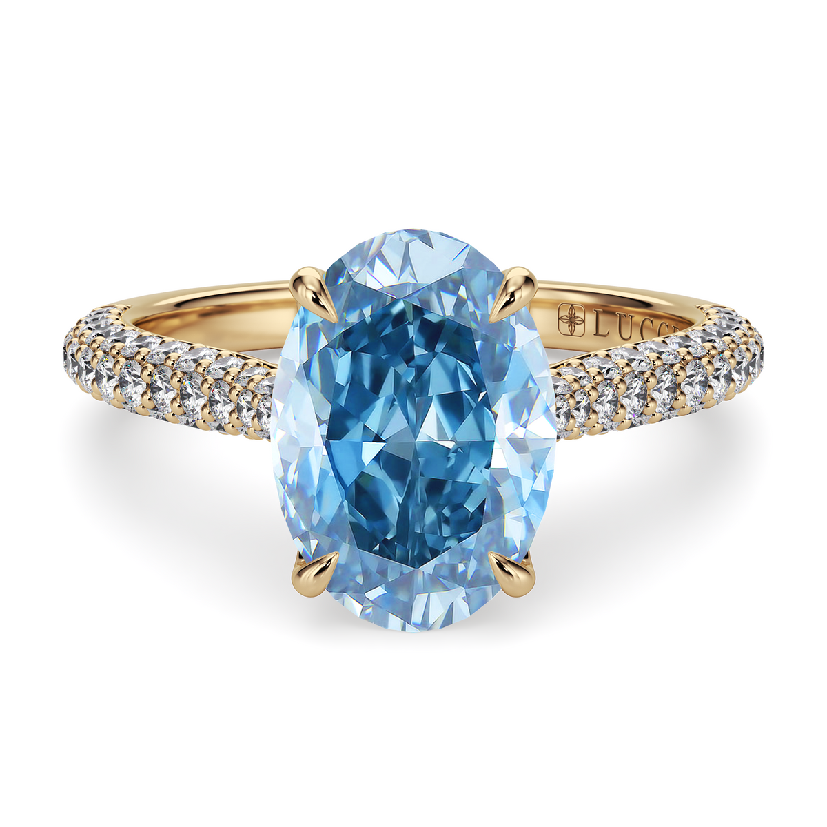 Load image into Gallery viewer, LUCCE Cathedral Oval Blue Diamond Pavé Engagement Ring with Petal Prongs and Hidden Accent Stones in Gold or Platinum
