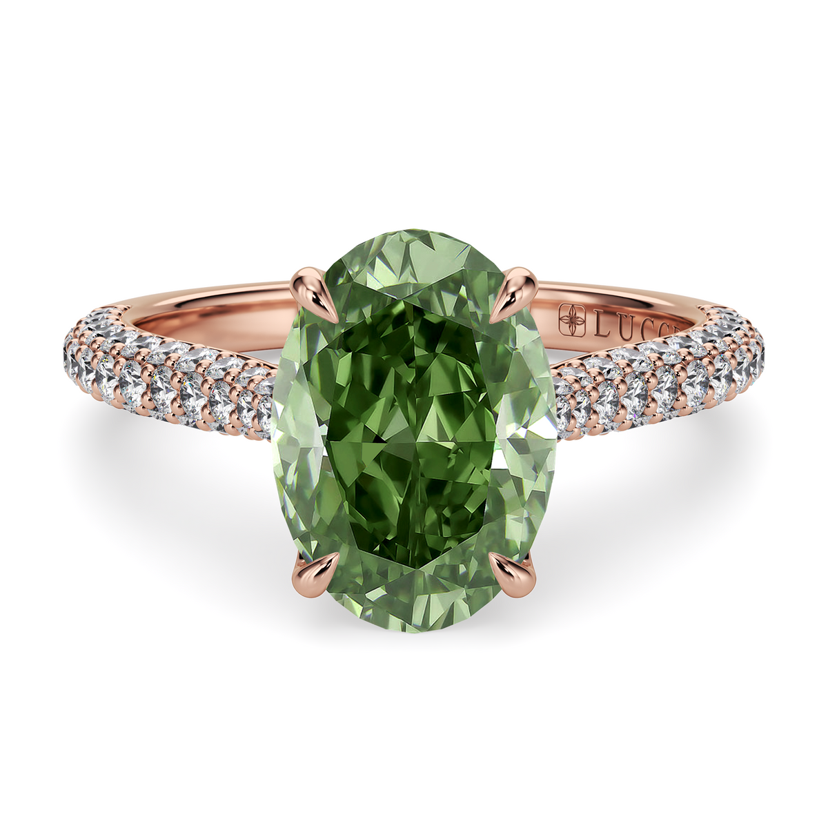 Load image into Gallery viewer, LUCCE Cathedral Oval Green Diamond Pavé Engagement Ring with Petal Prongs and Hidden Accent Stones in Gold or Platinum
