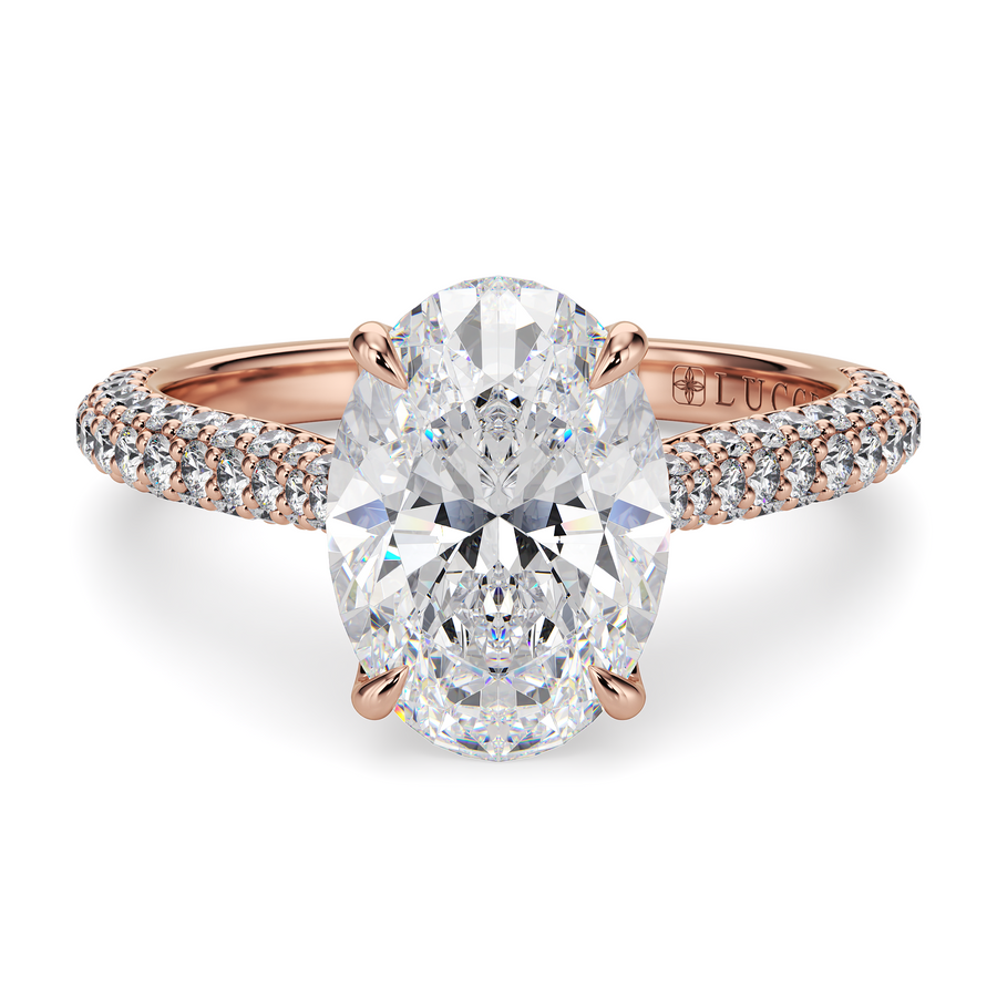 Load image into Gallery viewer, LUCCE Cathedral Oval Diamond Tri-row  Pavé Engagement Ring with Petal Prongs and Hidden Accent Stones in Gold or Platinum
