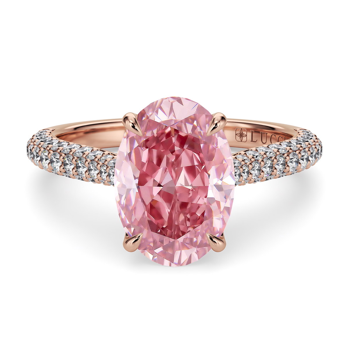 Load image into Gallery viewer, LUCCE Cathedral Oval Pink Diamond Pavé Engagement Ring with Petal Prongs and Hidden Accent Stones in Gold or Platinum
