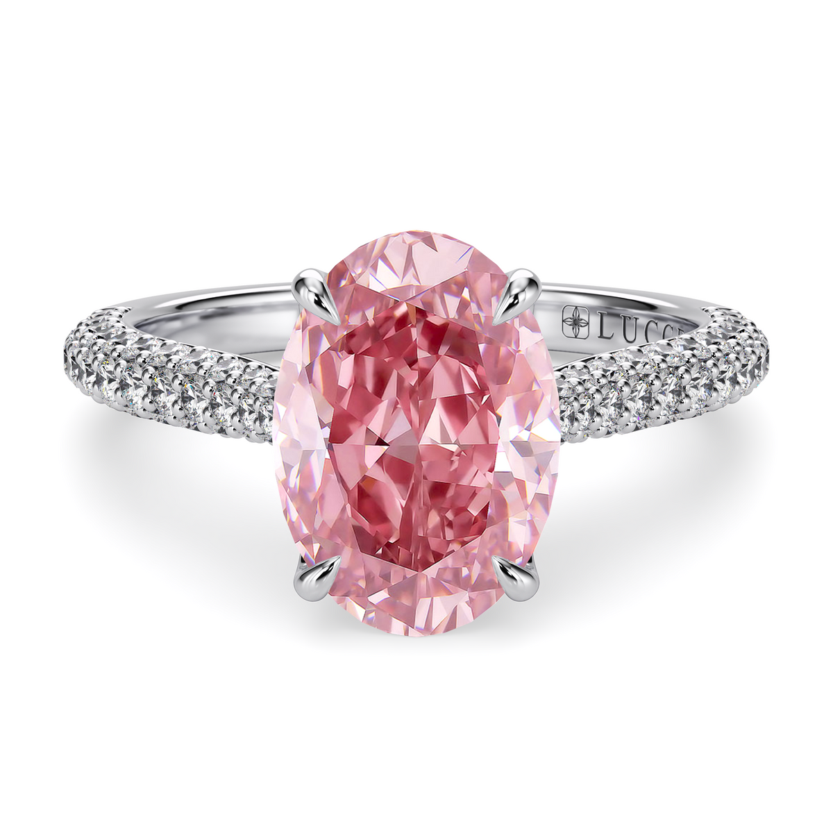 Load image into Gallery viewer, LUCCE Cathedral Oval Pink Diamond Pavé Engagement Ring with Petal Prongs and Hidden Accent Stones in Gold or Platinum
