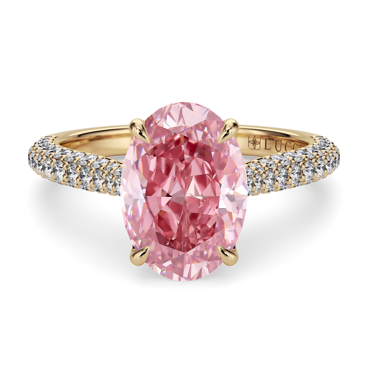 Load image into Gallery viewer, LUCCE Cathedral Oval Pink Diamond Pavé Engagement Ring with Petal Prongs and Hidden Accent Stones in Gold or Platinum
