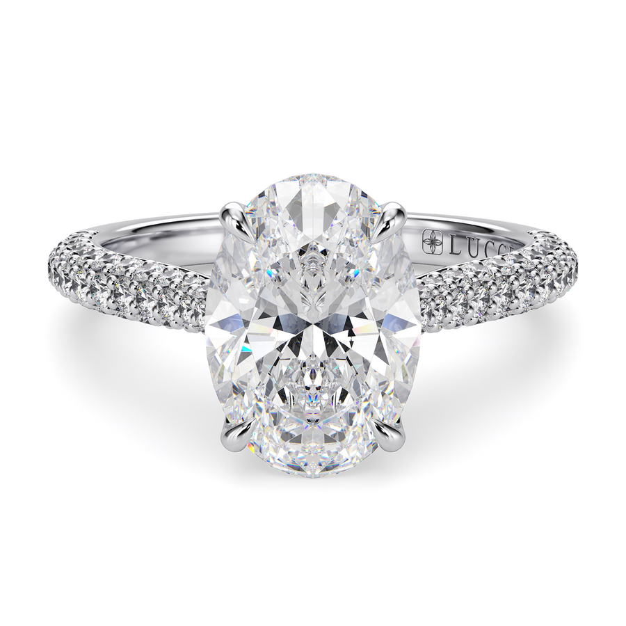 Load image into Gallery viewer, LUCCE Cathedral Oval Diamond Tri-row  Pavé Engagement Ring with Petal Prongs and Hidden Accent Stones in Gold or Platinum

